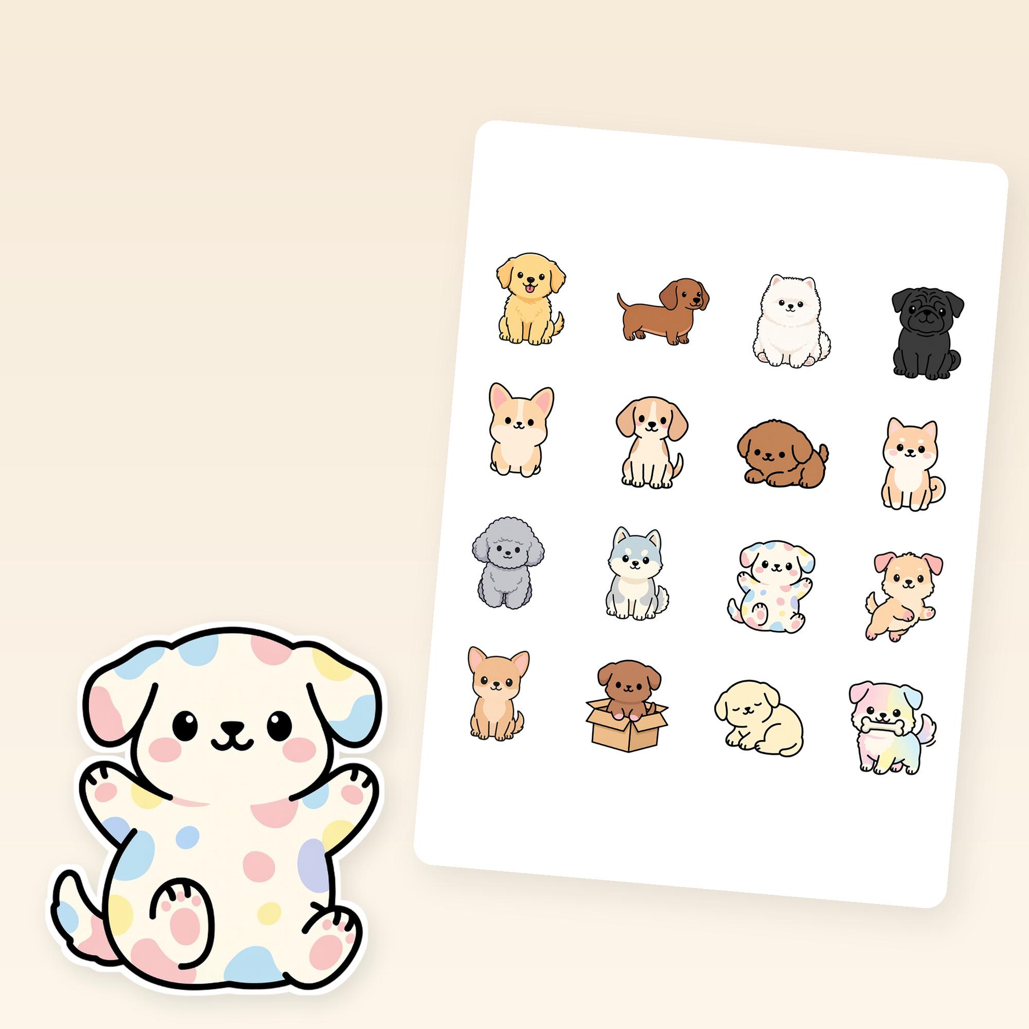 Puppy sticker sheet with 16 dog breed vinyl stickers