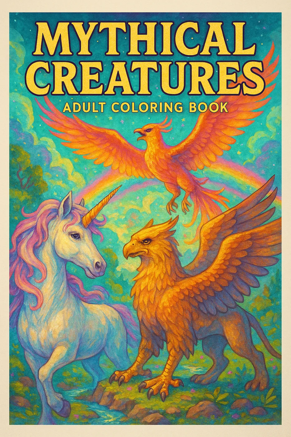 Mythical creatures coloring book 50 page cover