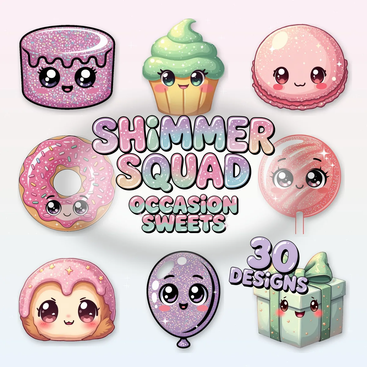 Shimmer Squad kawaii cake and sweets clipart cover with 30 glossy pastel PNG designs