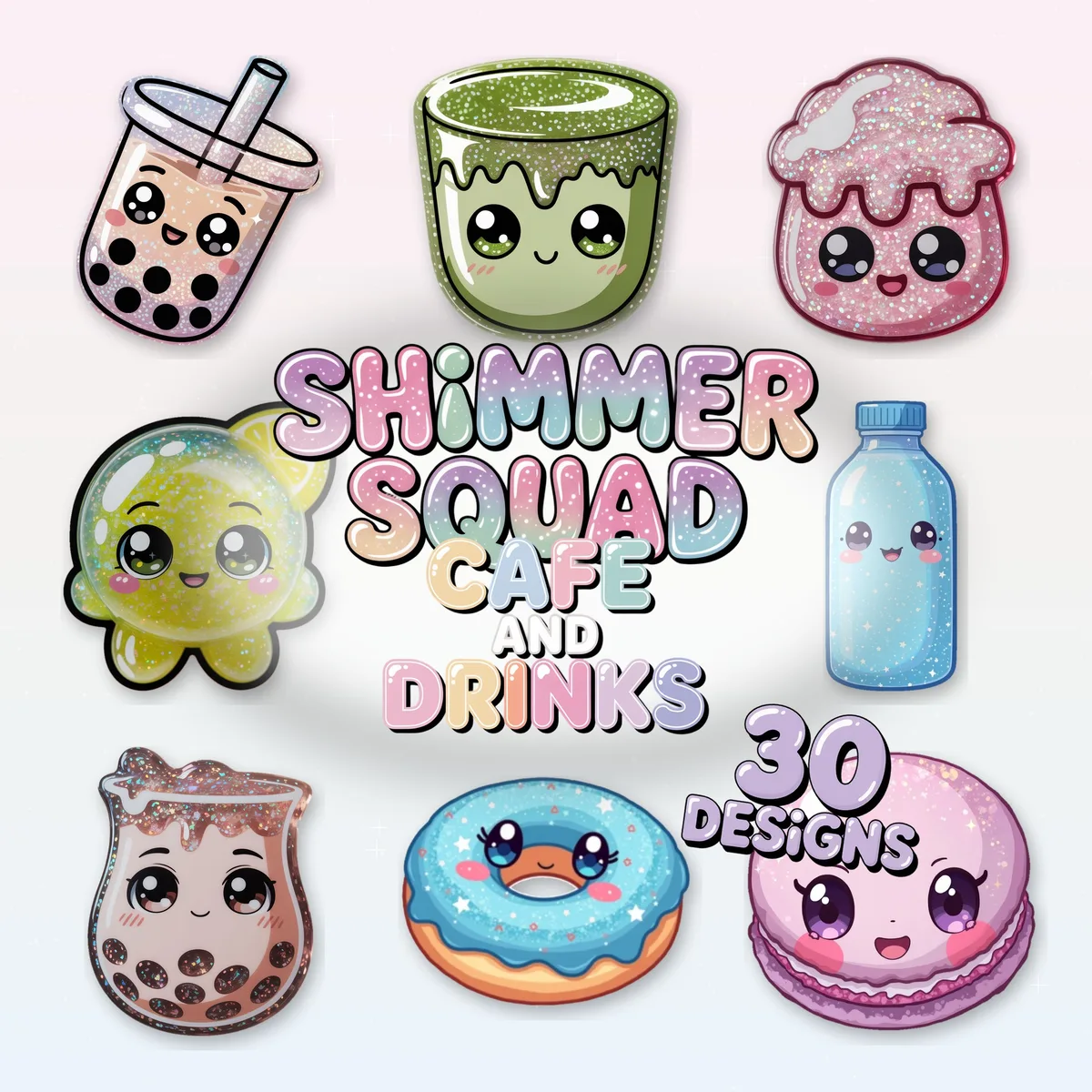 Shimmer Squad kawaii coffee and drinks clipart cover with 30 glossy pastel PNG designs