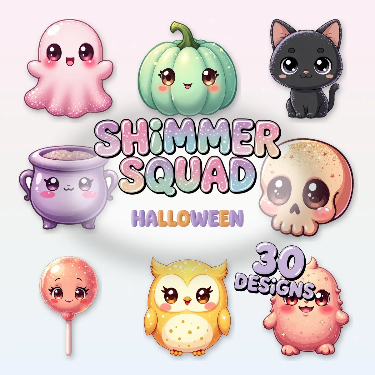 Shimmer Squad kawaii Halloween clipart cover with 30 glossy pastel PNG designs