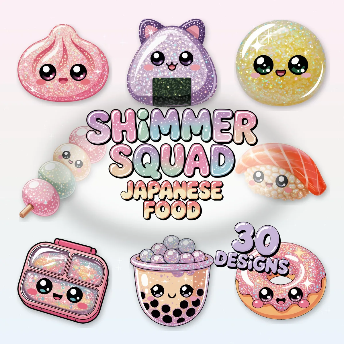 Shimmer Squad kawaii Japanese food clipart cover with 30 glossy pastel PNG designs