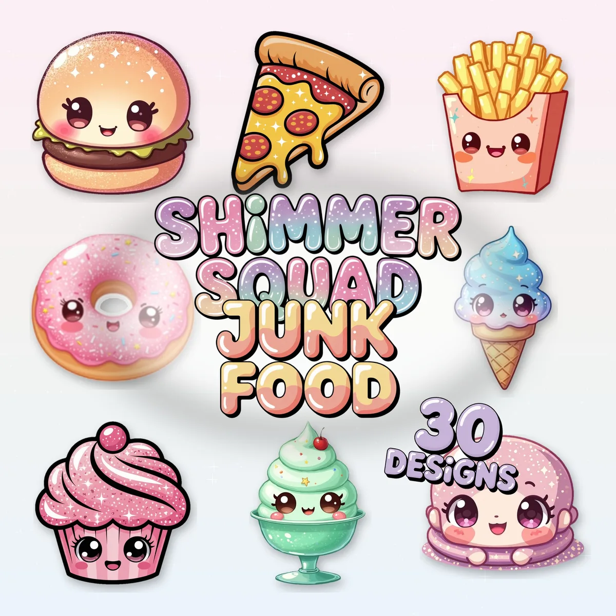 Shimmer Squad kawaii junk food clipart cover with 30 glossy pastel PNG designs