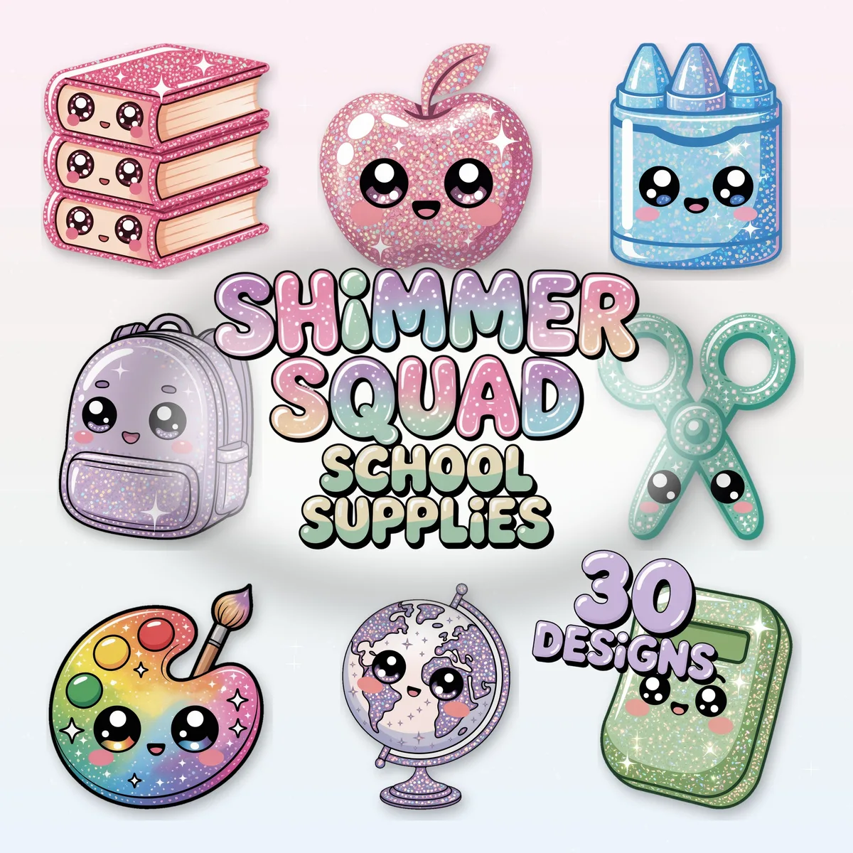 Shimmer Squad kawaii school supplies clipart cover with 30 glossy pastel PNG designs