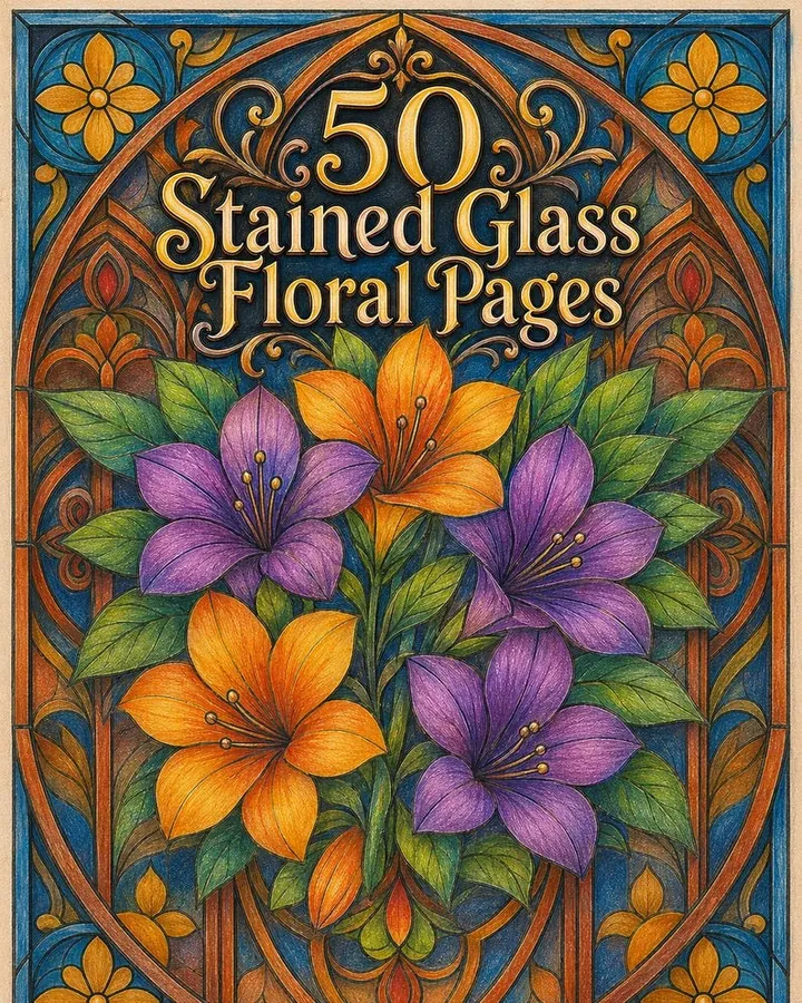 Stained Glass Floral Coloring Pages 50 Pack cover