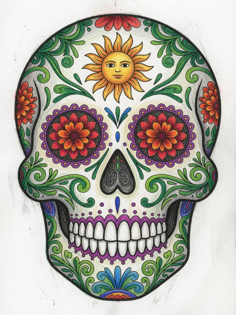 Colored sugar skull calavera example page with flowers and sun