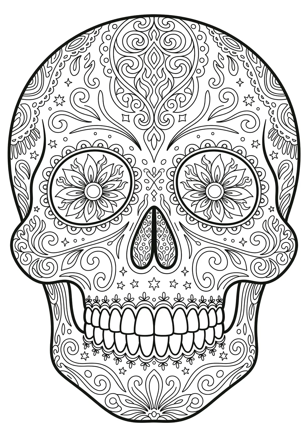Printable sugar skull coloring page with ornate scrollwork and floral eyes