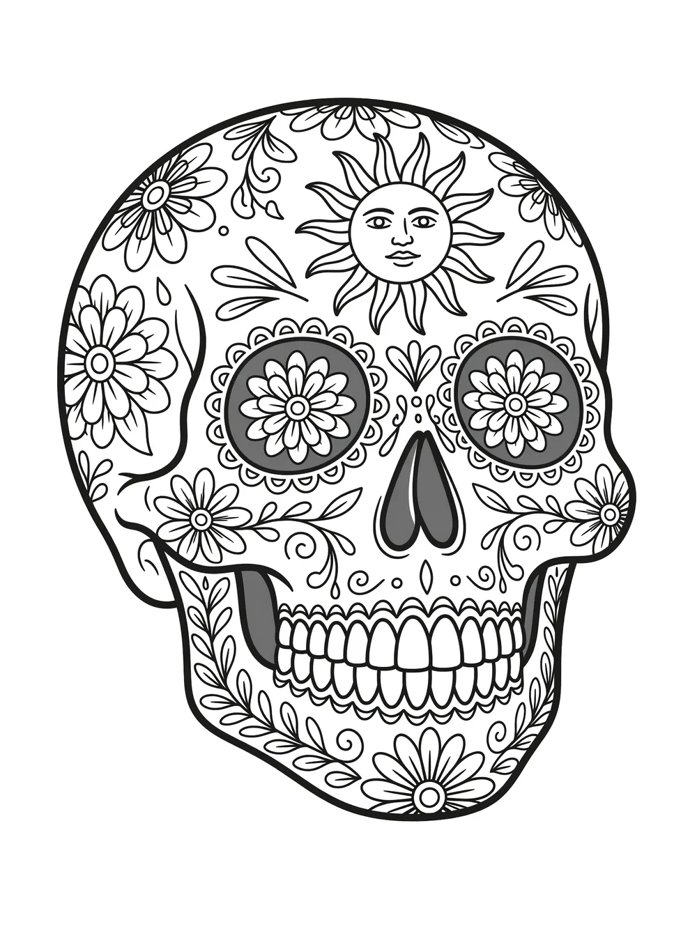 Printable sugar skull coloring page with sun and floral details