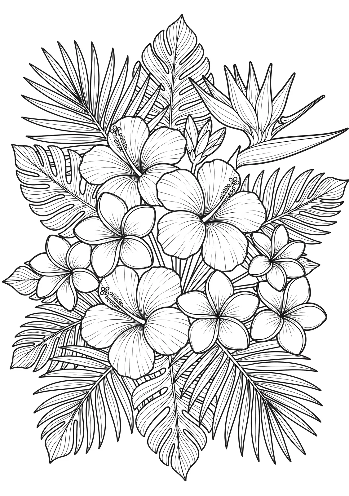 Example tropical flower coloring page with hibiscus and plumeria
