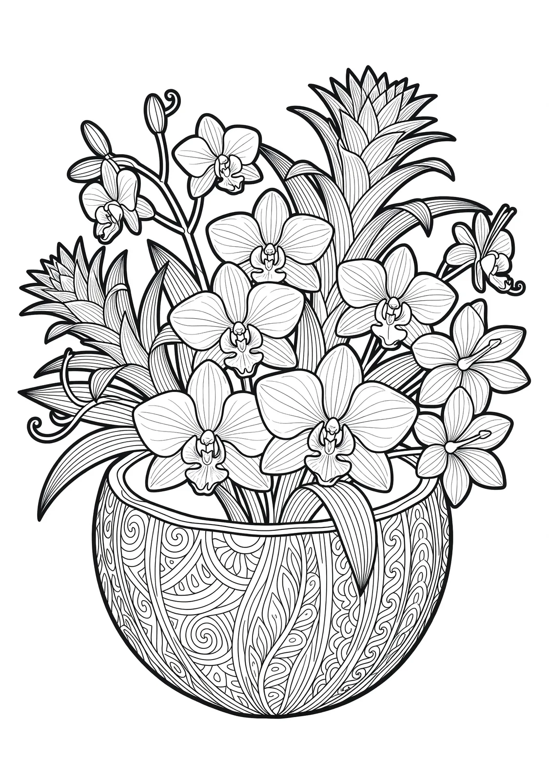 Example tropical orchid coloring page in a carved coconut shell