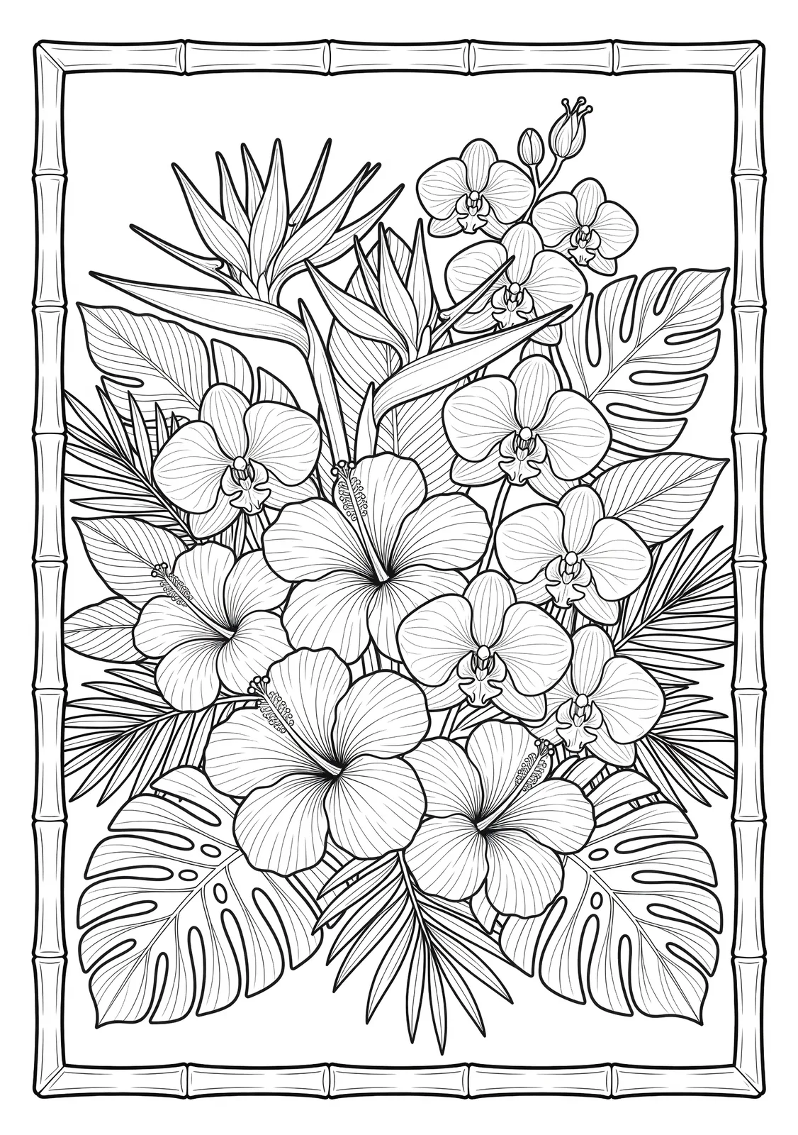 Example tropical flower coloring page with bamboo frame and dense leaves