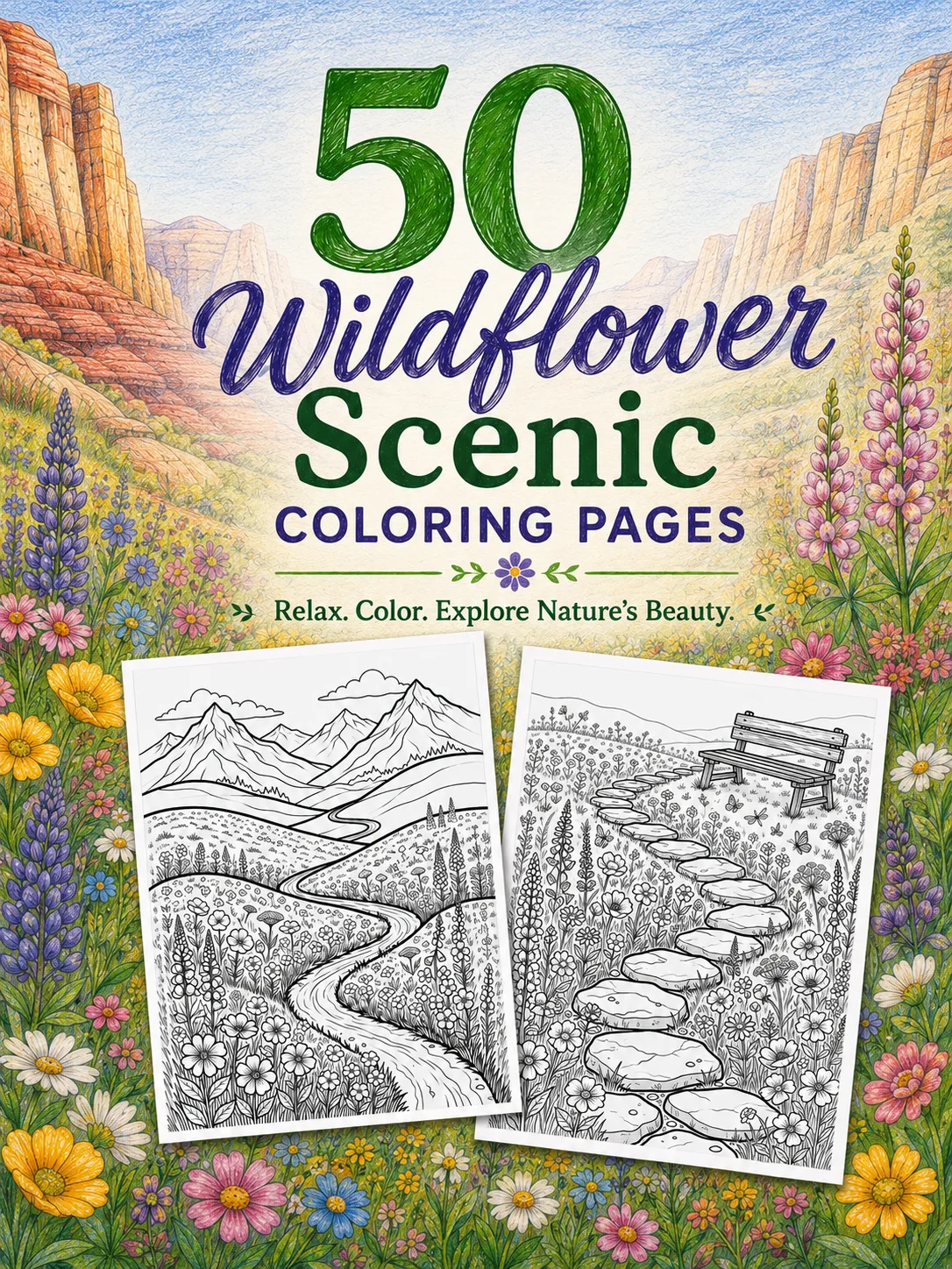 Wildflower Scenic Coloring Pages 50 Pack cover