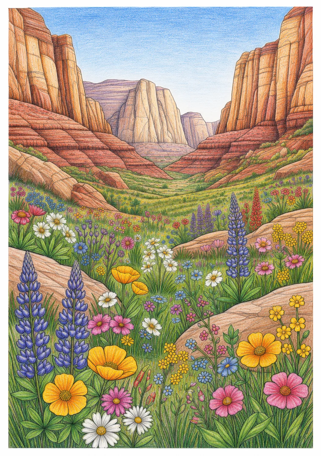 Example wildflower scenic coloring page with meadow flowers