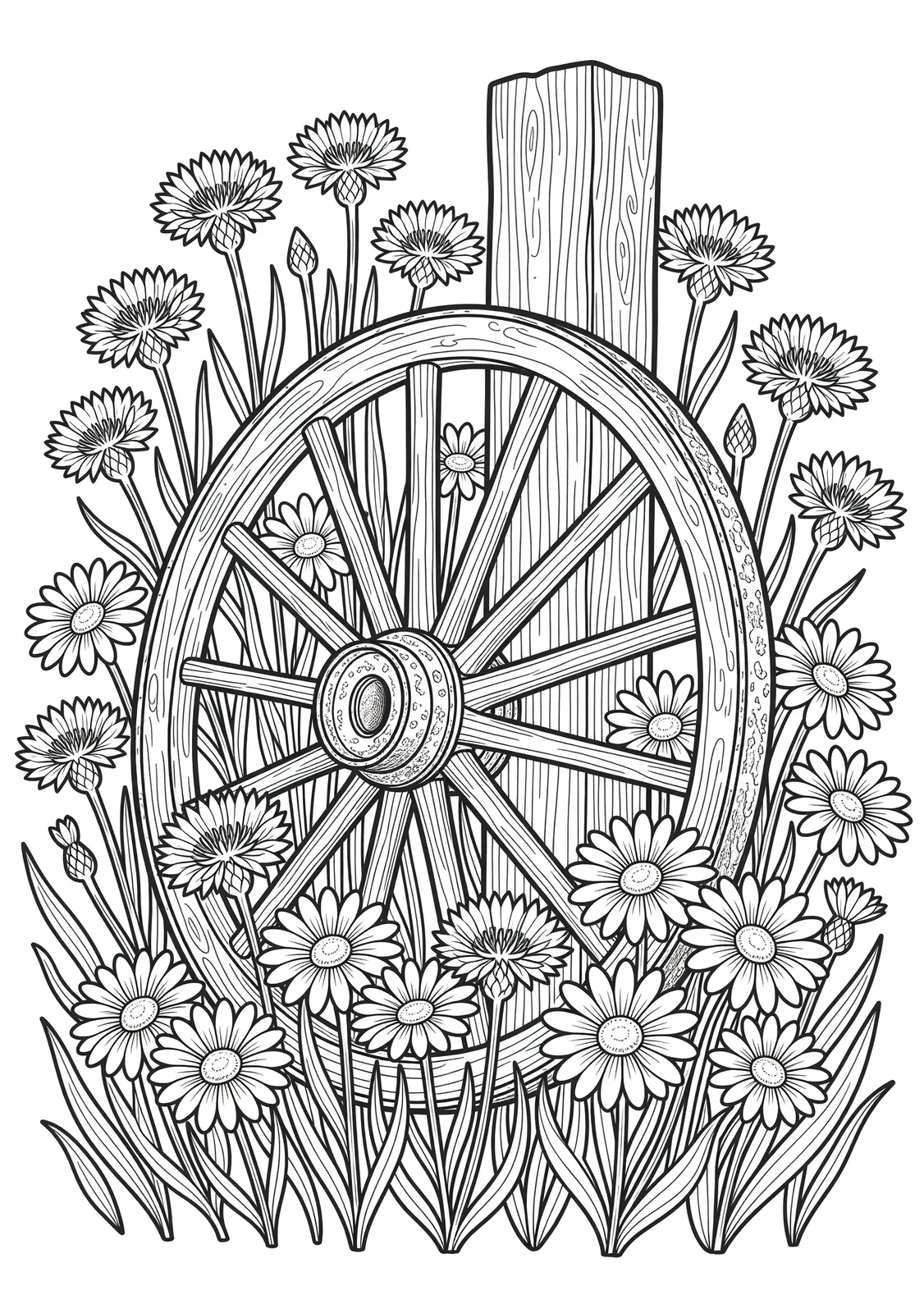 Example wildflower scenic coloring page with old wagon wheel and fence