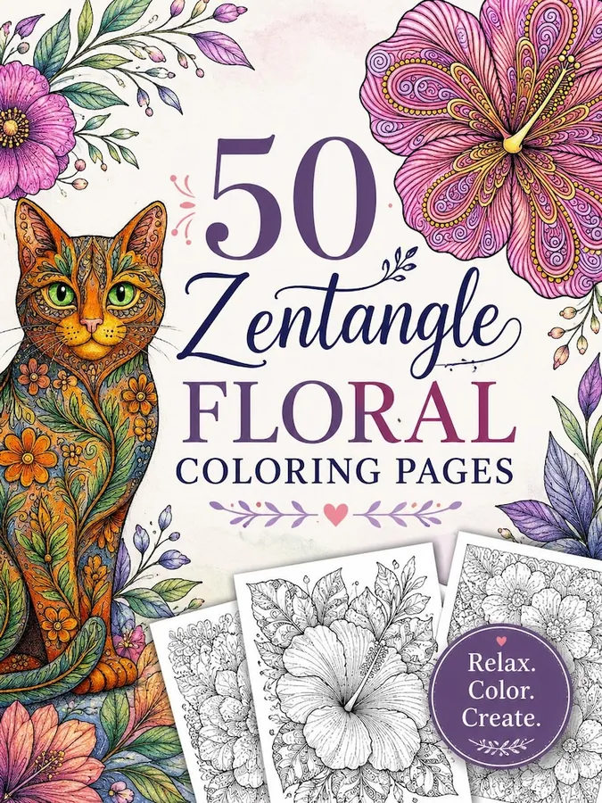Zentangle Floral Coloring Pages 50 Pack cover