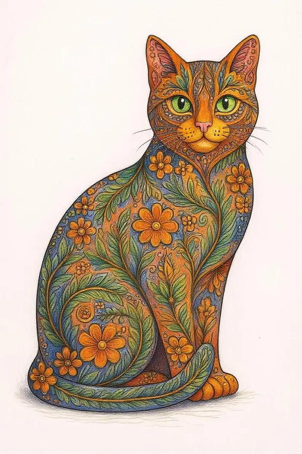 Example zentangle floral coloring page with cat and flowers