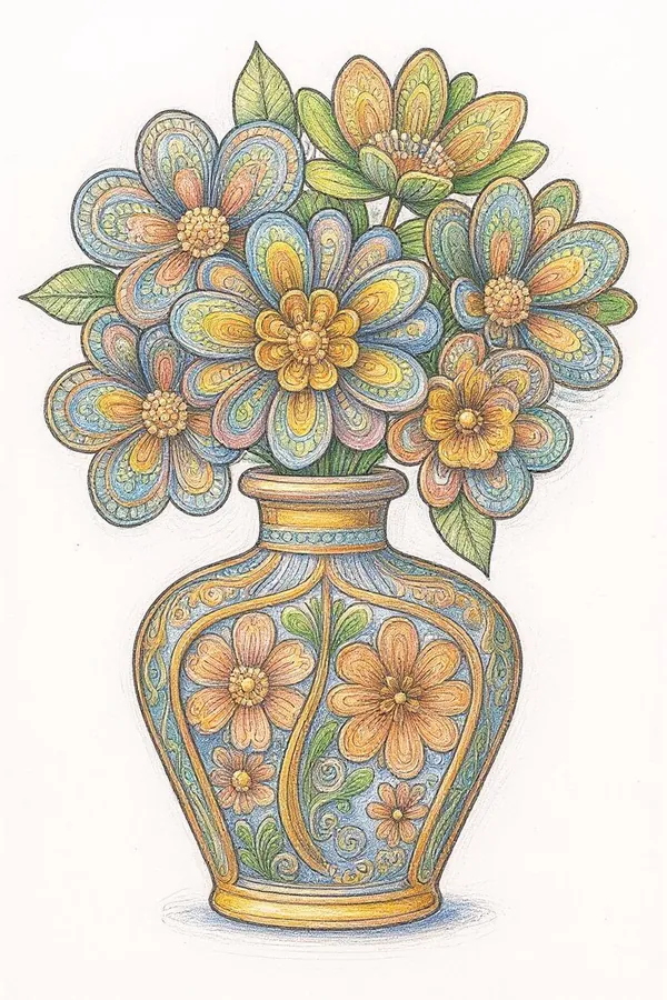 Example zentangle floral coloring page with decorative vase and flowers